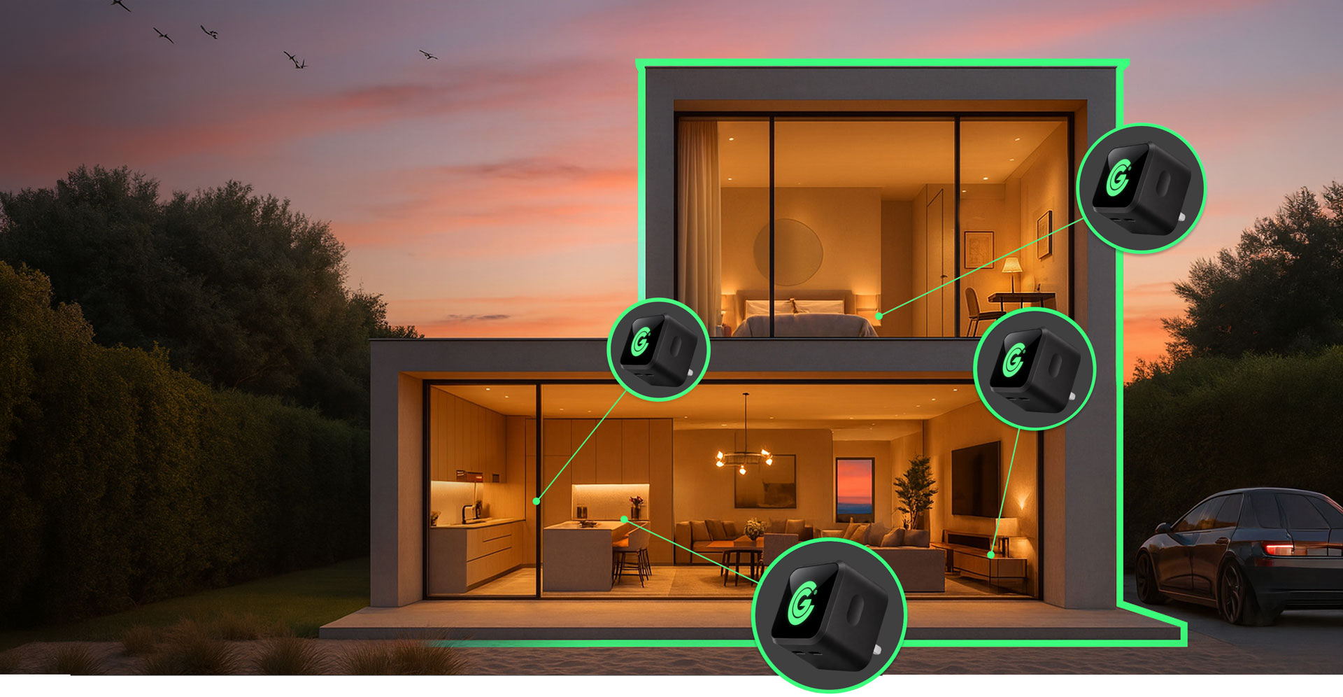 Every home, office, hotel room, and commute a <span style="color: #00eb4a">brand touchpoint.</span>